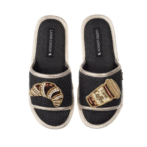 Straw Braided Sandals With Coffee & Croissant Brooches - Image 2