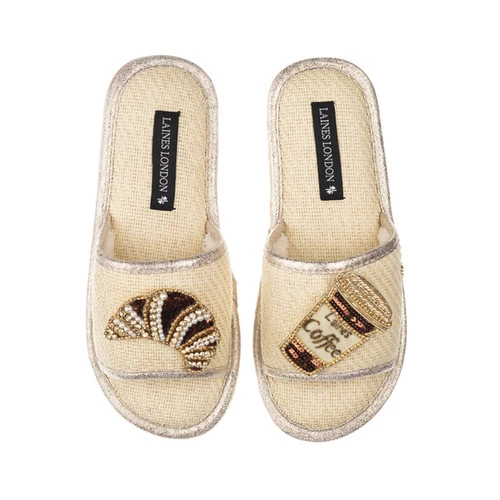 Straw Braided Sandals With Coffee & Croissant Brooches - Image 3