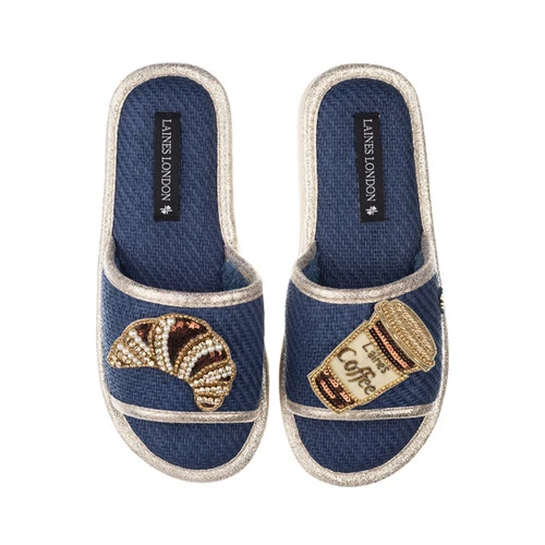 Straw Braided Sandals With Coffee & Croissant Brooches - Image 4