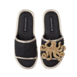 Straw Braided Sandals With Gold Octopus Brooch
