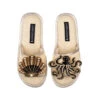 Straw Braided Sandals With Black & Gold Shell & Octopus Brooches