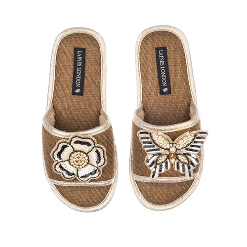 Straw Braided Sandals With Cream & Gold Butterfly & Flower Brooches