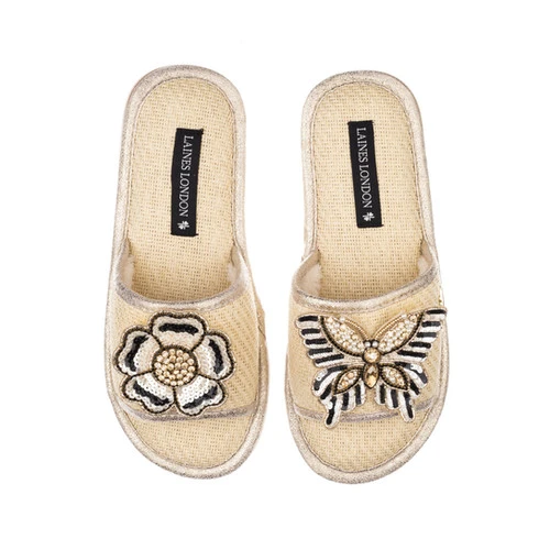 Straw Braided Sandals With Cream & Gold Butterfly & Flower Brooches - Image 2