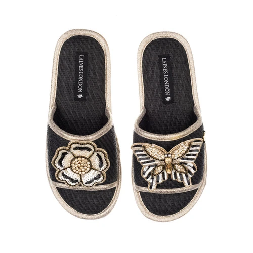 Straw Braided Sandals With Cream & Gold Butterfly & Flower Brooches - Image 3