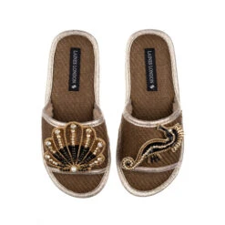 Straw Braided Sandals With Black & Gold Shell & Seahorse Brooches