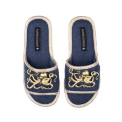 Straw Braided Sandals With Double Gold Metal Octopus Brooches