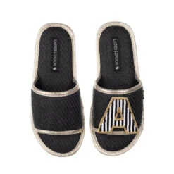 Straw Braided Sandals With Black & White Stripe Initial Brooch