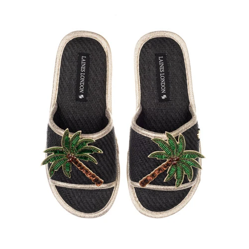 Straw Braided Sandals With Double Palm Tree Brooches