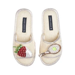 Straw Braided Sandals With Strawberry & Tennis Brooches