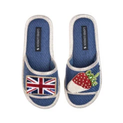 Straw Braided Sandals With Strawberry & Union Jack Brooches
