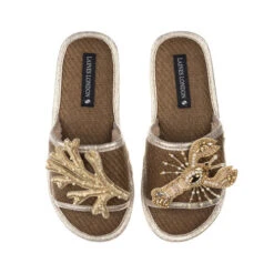 Straw Braided Sandals With Gold Lobster & Coral Brooches
