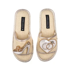 Straw Braided Sandals With Mrs Heel & Wedding Rings Brooches