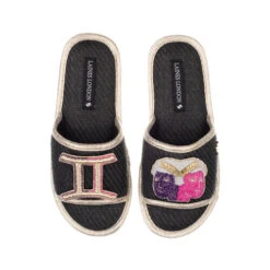 Straw Braided Sandals With Gemini Star Sign Brooches