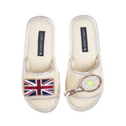 Straw Braided Sandals With Union Jack & Tennis Brooches
