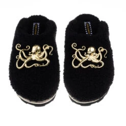 Teddy Closed Toe Slippers With Gold Metal Octopus Brooches