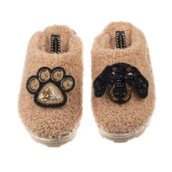 Teddy Closed Toe Slippers With Sausage & Paw Brooches