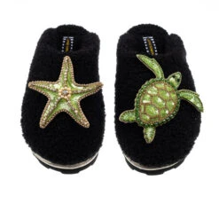 Teddy Closed Toe Slippers With Green & Gold Starfish & Turtle Brooches