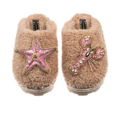Teddy Closed Toe Slippers With Pink & Gold Starfish & Lobster Brooches