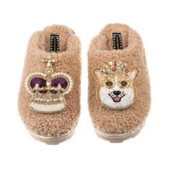 Teddy Closed Toe Slippers With Corgi & Crown Brooches