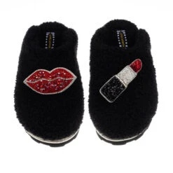 Teddy Closed Toe Slippers With Red & Silver Pucker Up Brooches