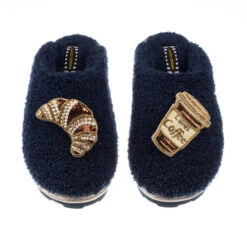 Teddy Closed Toe Slippers With Coffee & Croissant Brooches