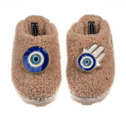 Teddy Closed Toe Slippers With Evil Eye & Hamsa Brooches