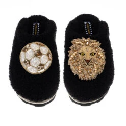 Teddy Closed Toe Slippers With Lion & Football Brooches