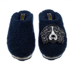 Teddy Closed Toe Slippers With Bentley The Black & White Spaniel Brooch