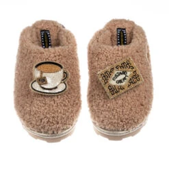 Teddy Closed Toe Slippers With Tea & Biscuit Brooches