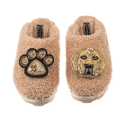 Teddy Closed Toe Slippers With Skip & Paw Brooches
