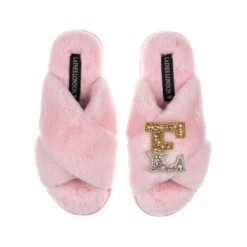 Classic Laines Slippers With Gold & Silver Initial Brooch