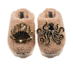 Teddy Closed Toe Slippers With Black & Gold Shell & Octopus Brooches