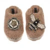 Teddy Closed Toe Slippers With Bee & Flower Brooches