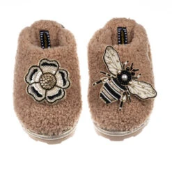 Teddy Closed Toe Slippers With Bee & Flower Brooches