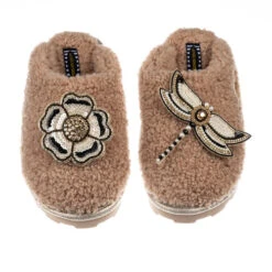 Teddy Closed Toe Slippers With Dragonfly & Flower Brooches