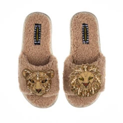 Teddy Towelling Slipper Sliders With Lion & Lioness Brooches