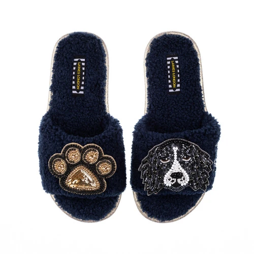Teddy Towelling Slipper Sliders With Bentley & Paw Brooches