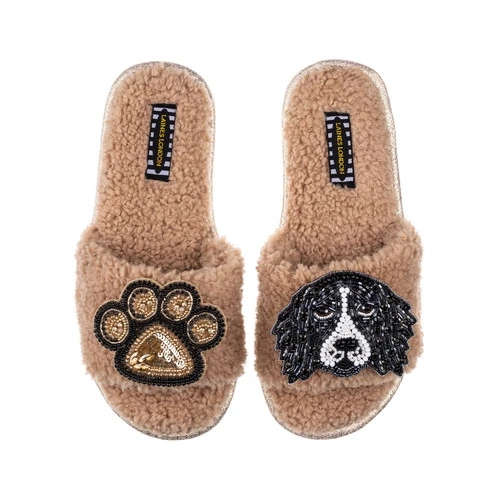 Teddy Towelling Slipper Sliders With Bentley & Paw Brooches - Image 2