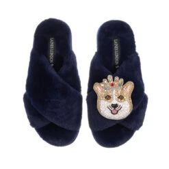 Classic Laines Slippers With Sandy The Corgi Brooch