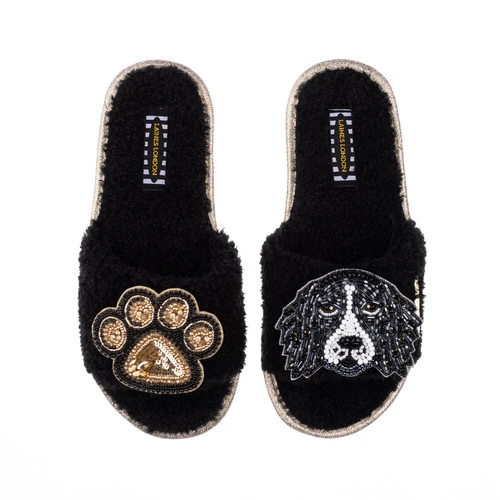 Teddy Towelling Slipper Sliders With Bentley & Paw Brooches - Image 3