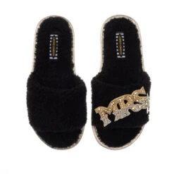 Teddy Towelling Slipper Sliders With Mrs Brooch