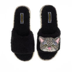 Teddy Towelling Slipper Sliders With Luna Cat Brooch