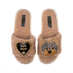 Teddy Towelling Slipper Sliders With Minnie & Dog Mum Brooches
