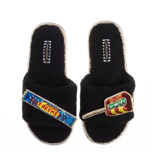 Teddy Towelling Slipper Sliders With Drumstick & Refresher Brooches