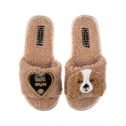 Teddy Towelling Slipper Sliders With Lady & Dog Mum Brooches