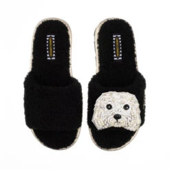 Teddy Towelling Slipper Sliders With Queenie The Bichon Brooch