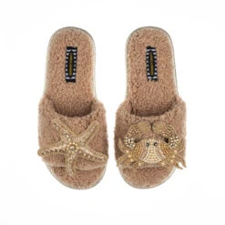 Teddy Towelling Slipper Sliders With Gold Crab & Starfish Brooches
