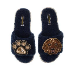 Teddy Towelling Slipper Sliders With Rocco The Chocolate Lab & Paw Brooches