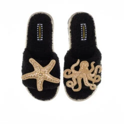Teddy Towelling Slipper Sliders With Gold Octopus & Starfish Brooches