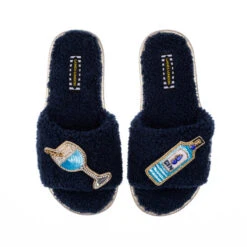Teddy Towelling Slipper Sliders With Sapphire Gin Brooches